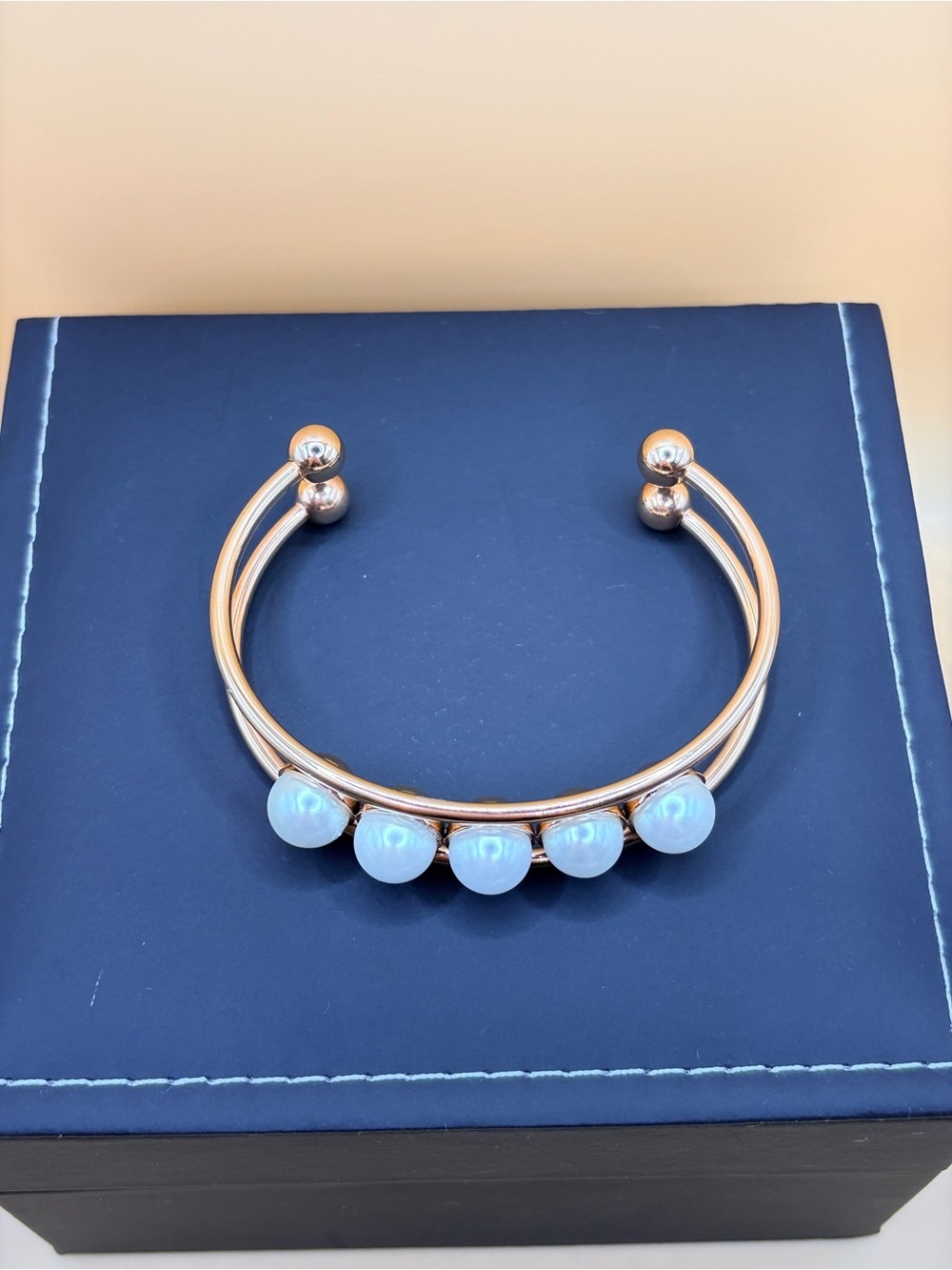 Classic Glass Pearl Accent Cuff Bracelet - Gold Tone - Picture 6 of 8